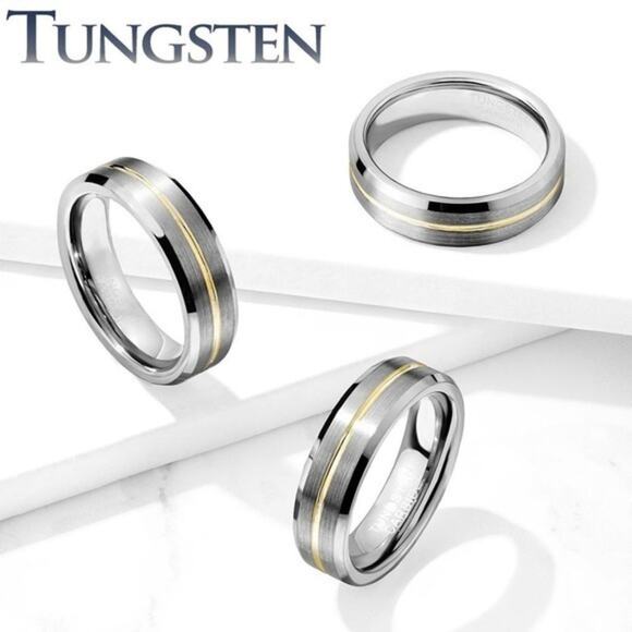 Brushed Finish Gold Groove‎ Beveled Edges Tungsten Carbide Ring. 6mm size 12